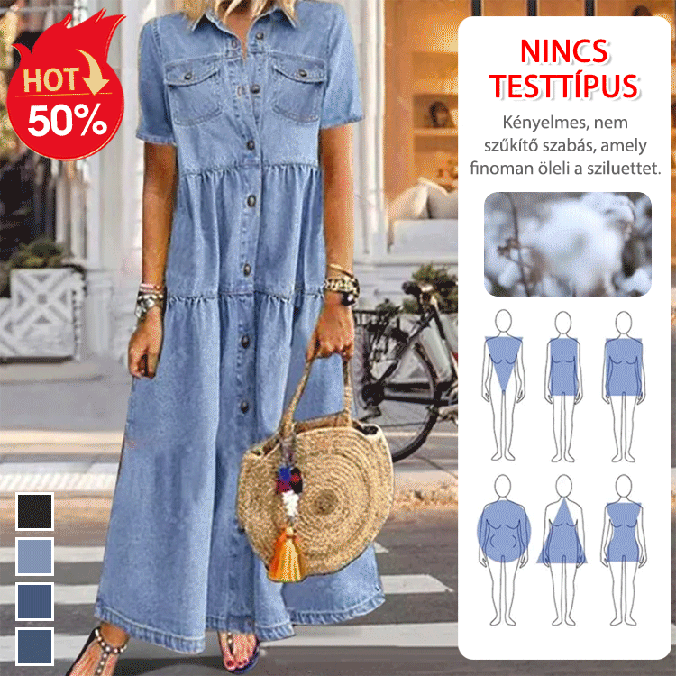 Denim stílusú, többgombos ruha