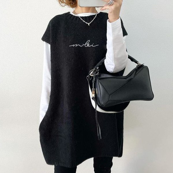 楽天人気アイテムアルファベット柄プリントサイドスリットコーディネート自在ルーズカジュアルニットベスト