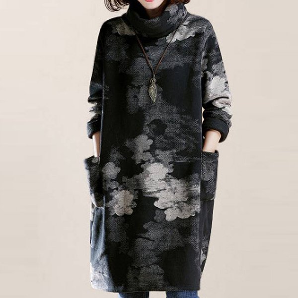 おしゃれ度アップ 着瘦せ 大きいサイズ 裏起毛 総柄 ポケット付き プリント ハイネック ワンピース