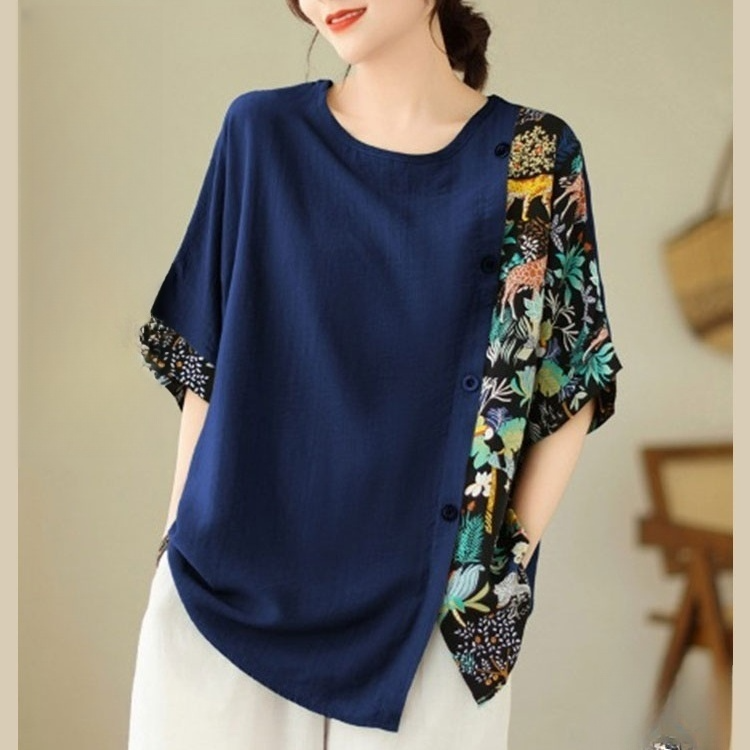 夏のコットンリネン半袖Tシャツ