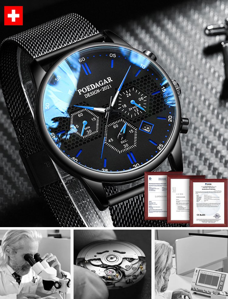 Szwajcarski wysokiej klasy świecący wodoodporny zegarek