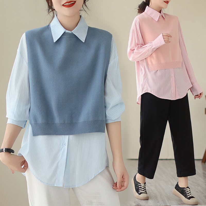 秋冬トレンドのストライプシャツ＆ニットベストセット詳細