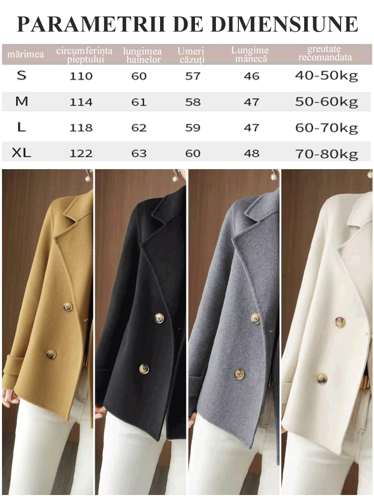 Jachetă scurtă de lână, cu guler de costum de cașmir, pe două fețe