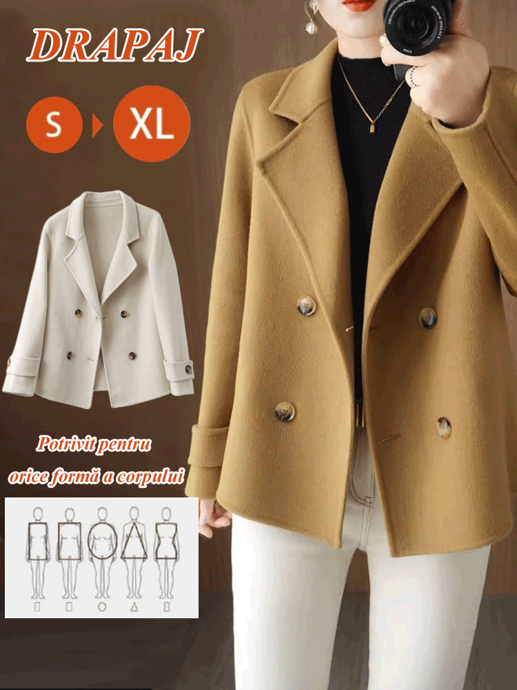 Jachetă scurtă de lână, cu guler de costum de cașmir, pe două fețe