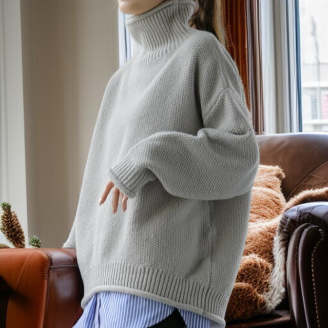 여성 봄 루즈핏 면 폴라 니트 착용 이미지