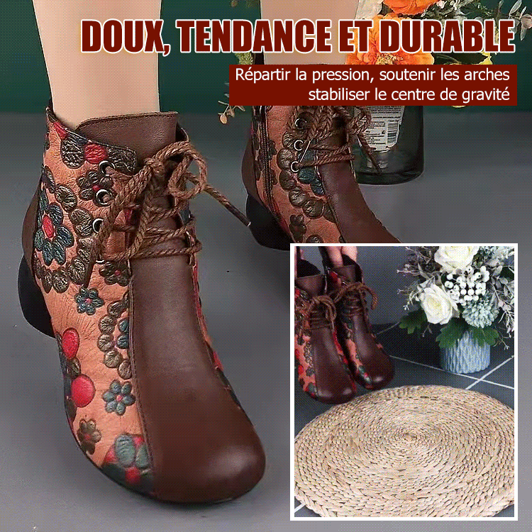 Bottes courtes style ethnique bottes Martin talon épais bout rond talon moyen chaussures maman