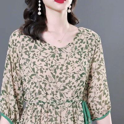 프린트 슬리밍 5부 소매 원피스