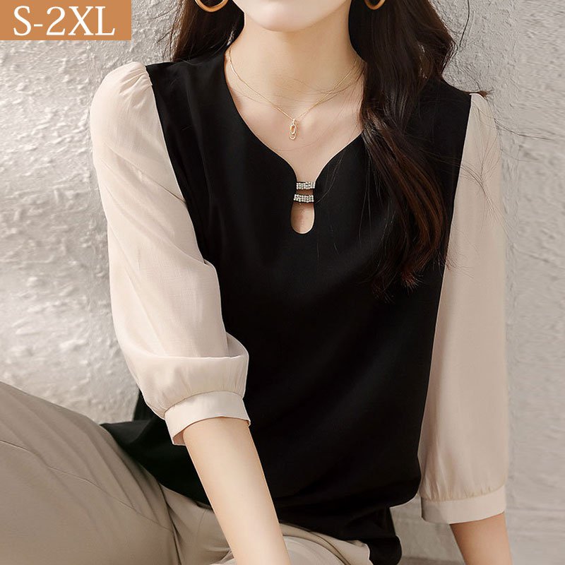 여성 쉬폰 배색 블라우스 